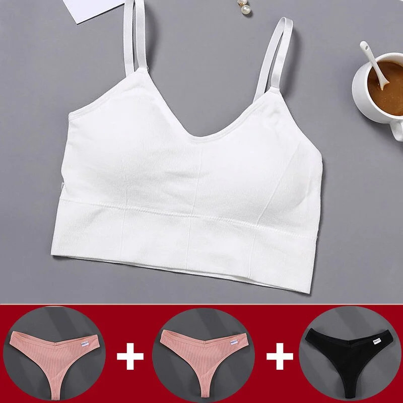 Tank Crop Top Bra + 3PCS Panties Set Fashion Solid Color Bra Set for Women Intimates Underwear Female Lingerie Casual Bralette