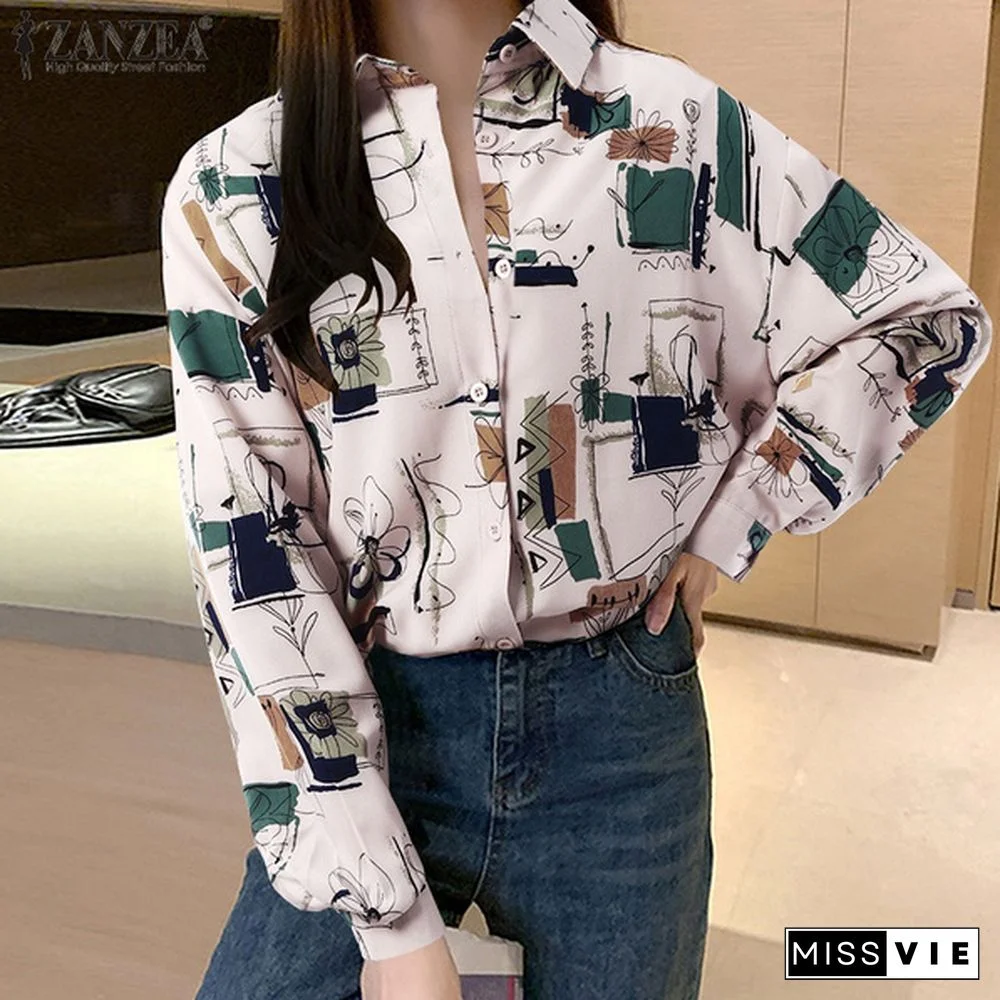 Blouse Women Retro Female Printed Single-breasted Spring Button Straight Long-sleeve Vintage Shirt Top