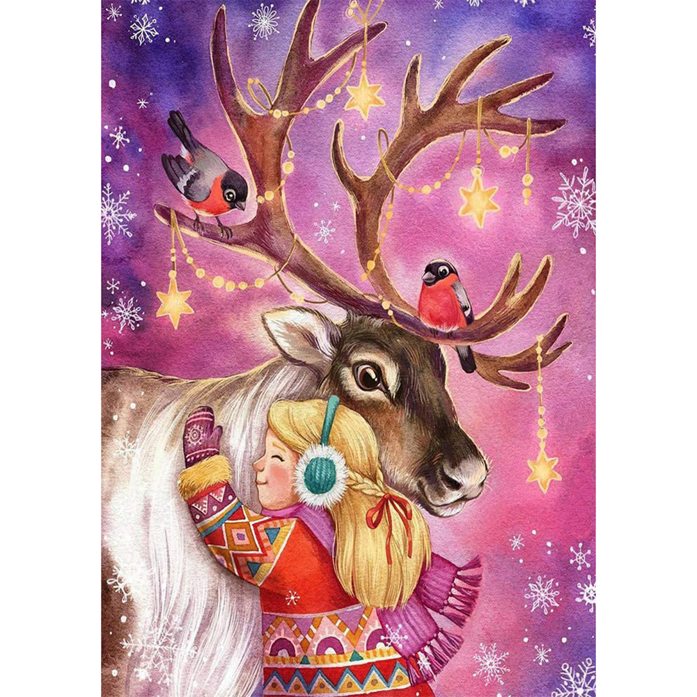 

30*40CM - Round Drill Diamond Painting - Girl Hug Deer, 501 Original
