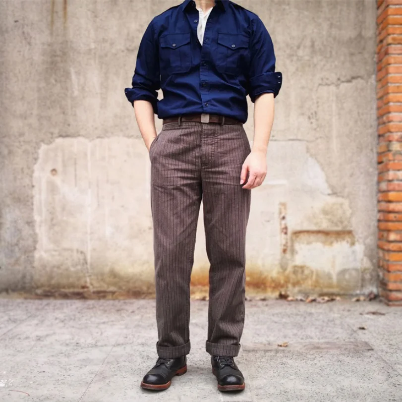 Vintage French Striped Pepper And Salt Striped Cargo Pants-inspireuse