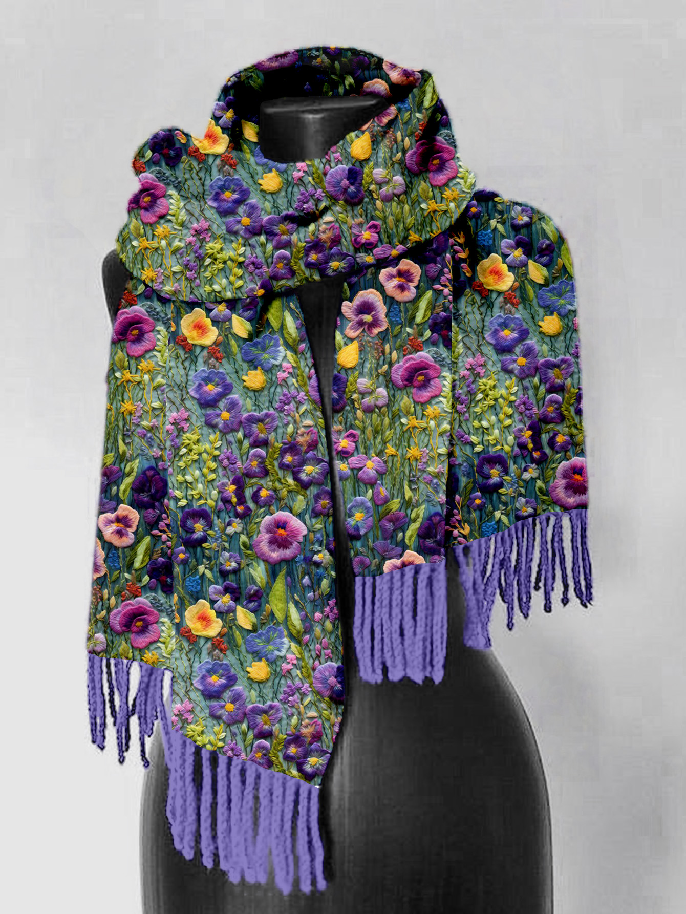 Comstylish Violet Wildflower Embroidery Art Comfy Tassel Scarf