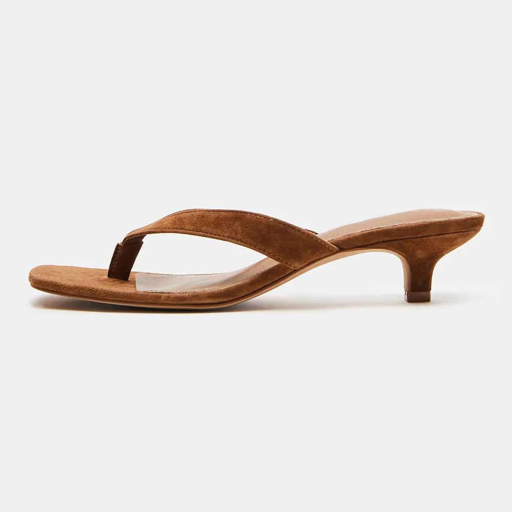 YDN Brown Vegan Suede Open Square Toe Kitten Heel Slides Shoes
