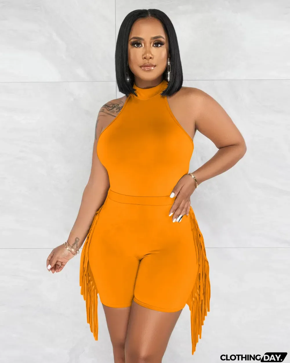 Women's fashion sports ofringed shorts two-piece set