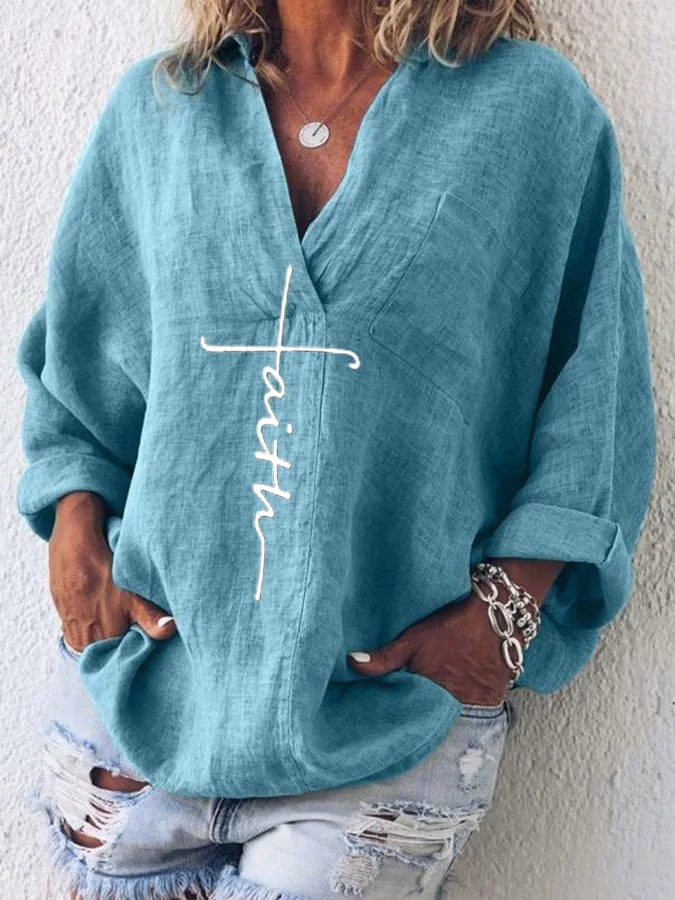 Women's Faith Printed Casual Long Sleeve V-Neck Cotton And Linen Shirt