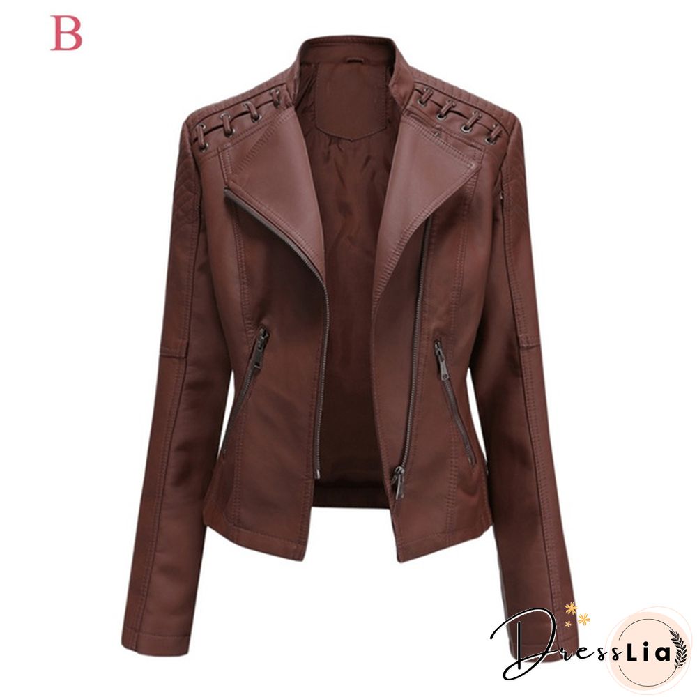 Ladies Fashion Spring and Autumn Short Slim Thin Leather Jacket Motorcycle Suit