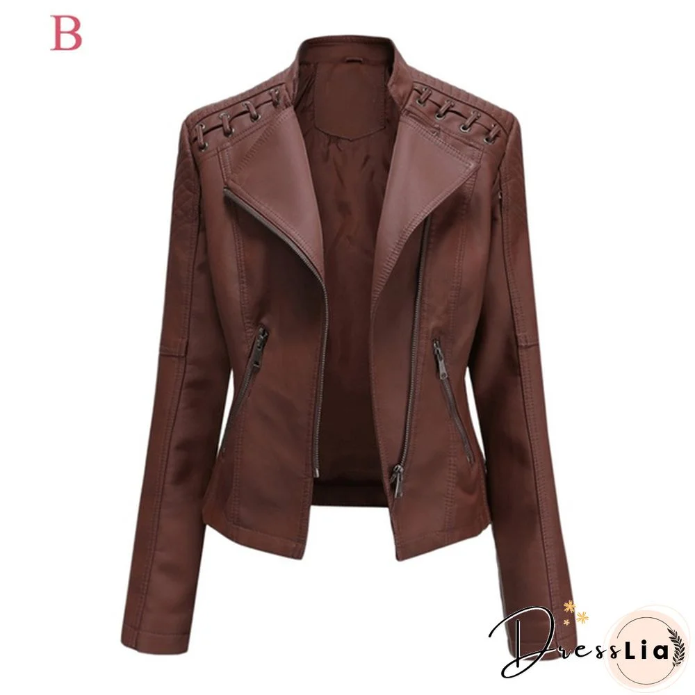 Ladies Fashion Spring and Autumn Short Slim Thin Leather Jacket Motorcycle Suit