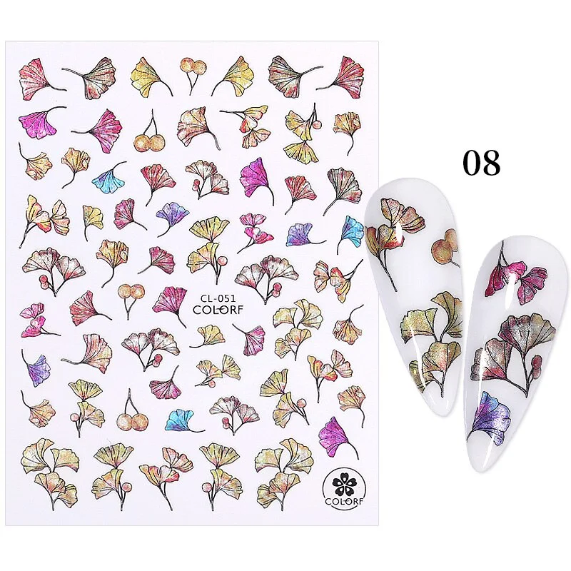 3D Nail Stickers Fan Leaf Dried Flower Shiny Sliders Nail Art Decorations Lucky Clover Fashion Foil Manicures