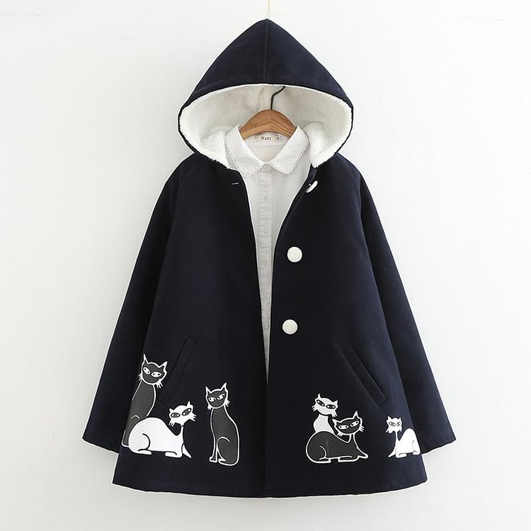 Kitty Print Pocket Plush Hooded Coat - Modakawa