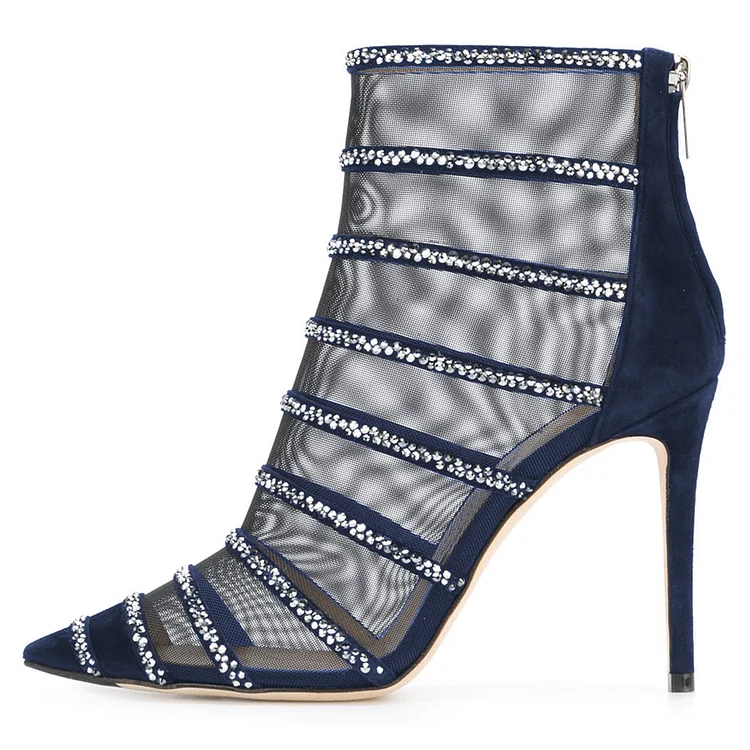Navy Rhinestone Pointed Toe Stiletto Ankle Boots Vdcoo
