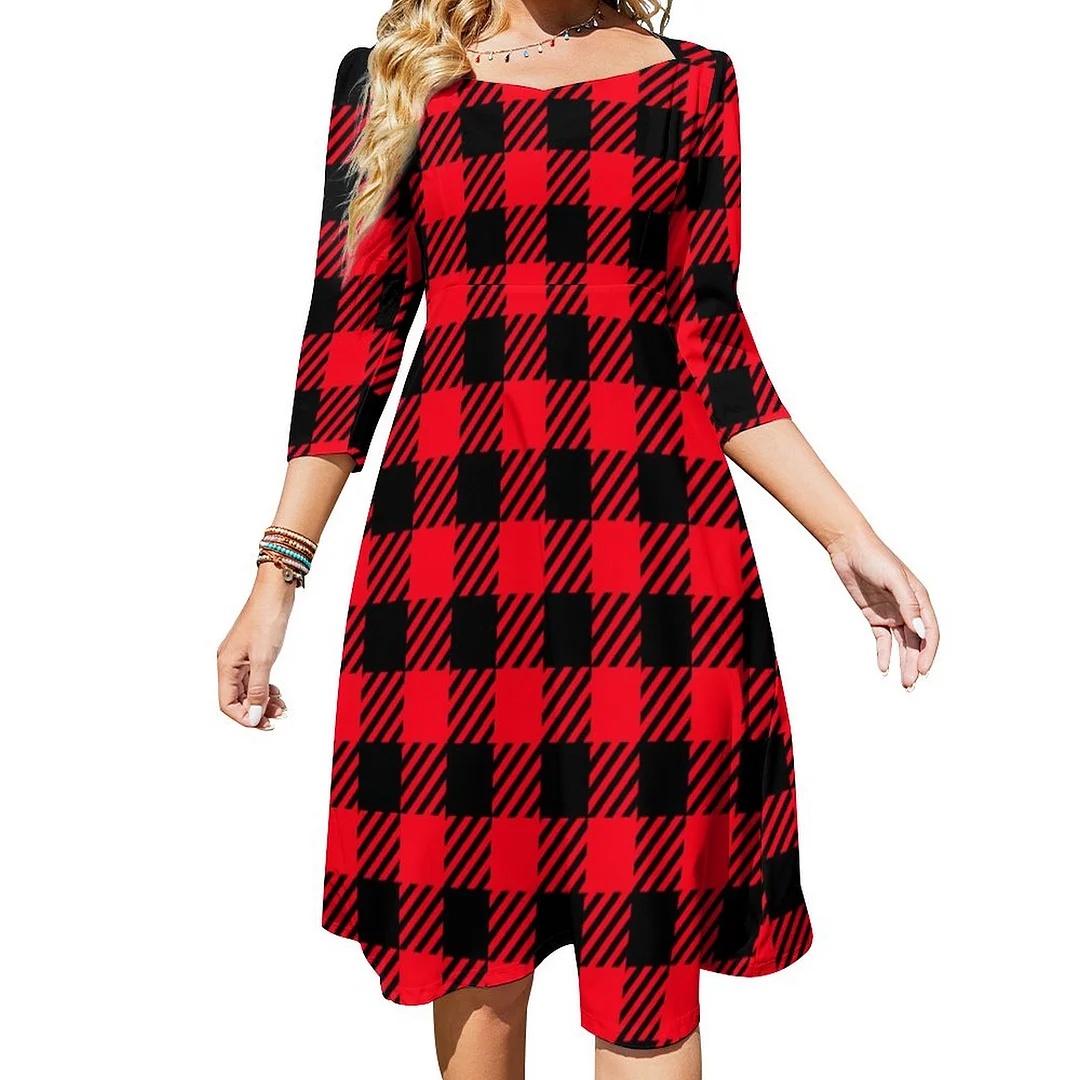 Classic Red And Black Plaid Buffalo Tartan Pattern Dress Sweetheart Tie Back Flared 3/4 Sleeve Midi Dresses