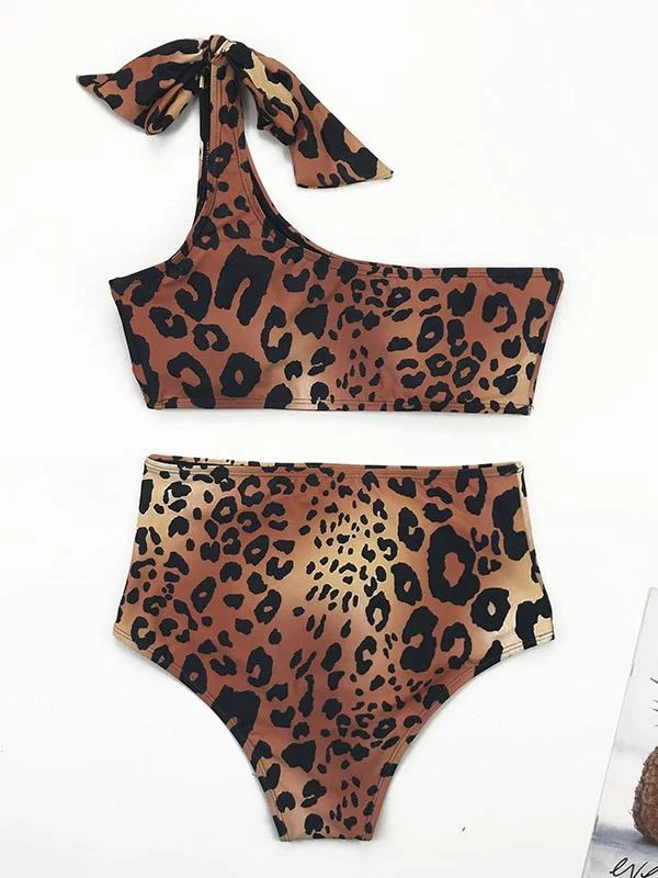 Asymmetric Bandage Leopard-Print Bikini Swimsuit