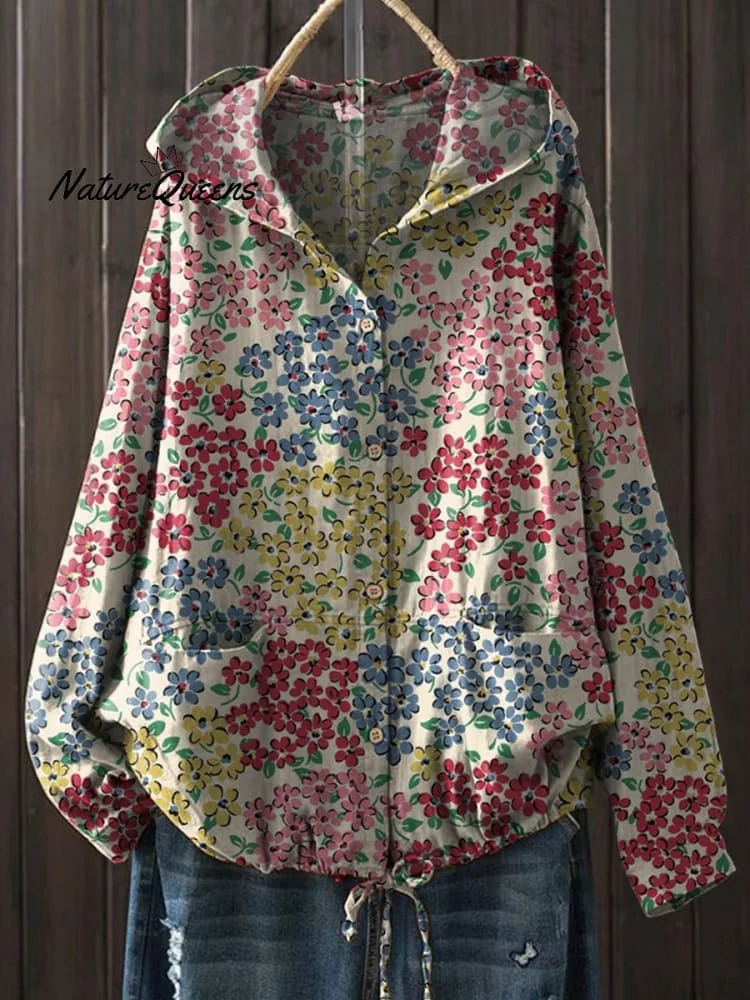 Retro Style Vibrant Floral Pattern Printed Women's Casual Cotton And Linen Shirt