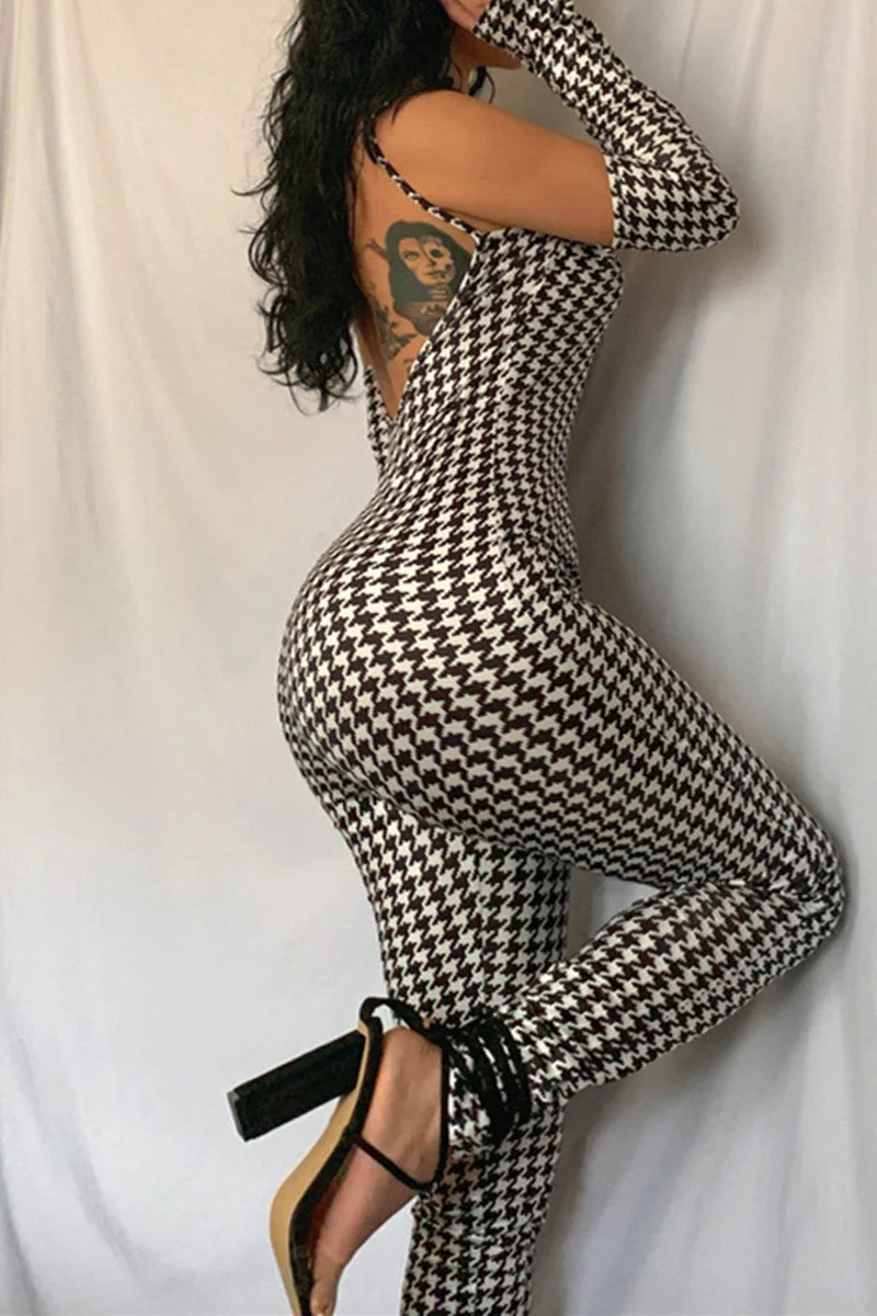 Fashion Sexy Print Backless Square Collar Skinny Jumpsuits