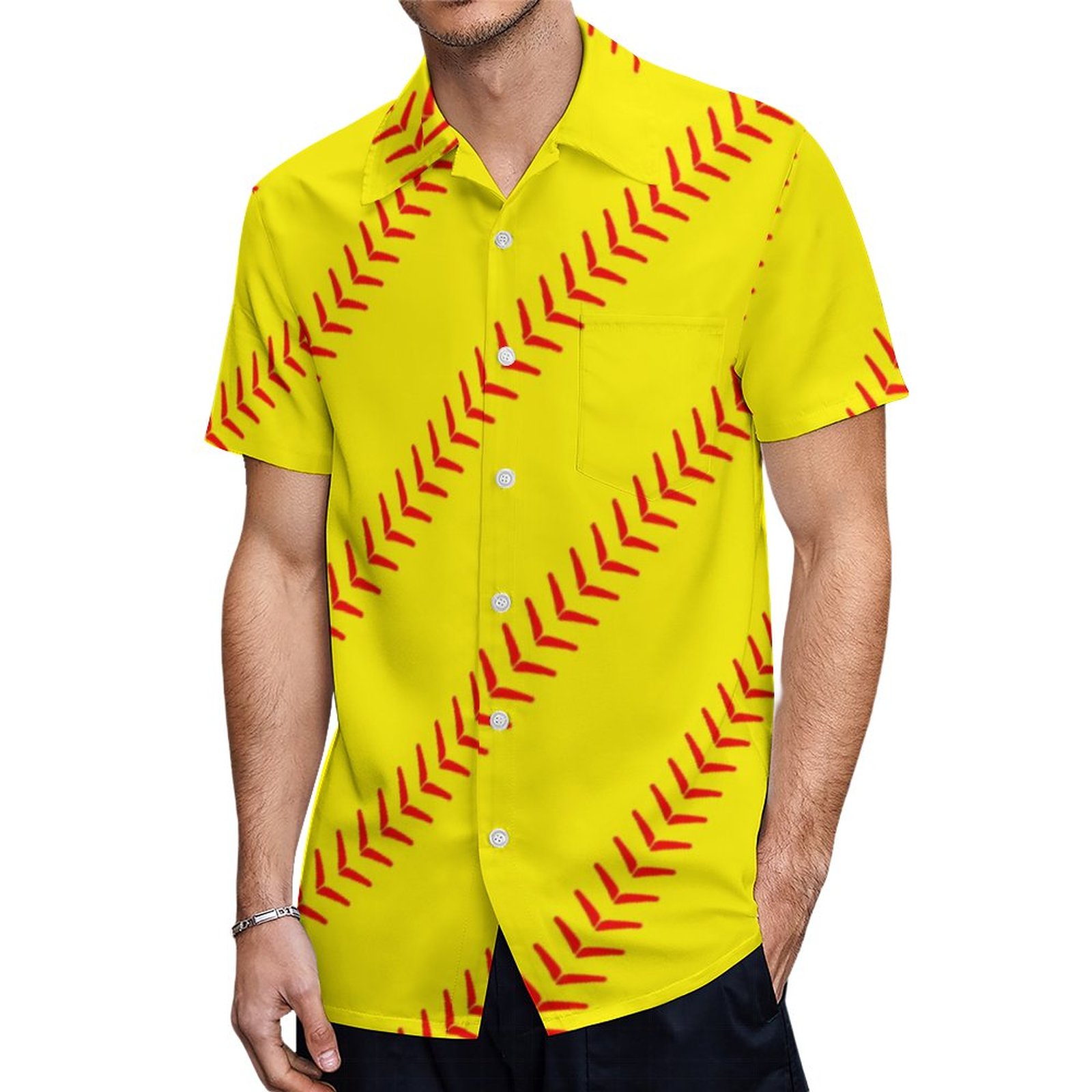 Bright Yellow Fastpitch Softball Stitches Seams Hawaiian Shirt Mens Button Down Tropical Hawaii Beach Shirts