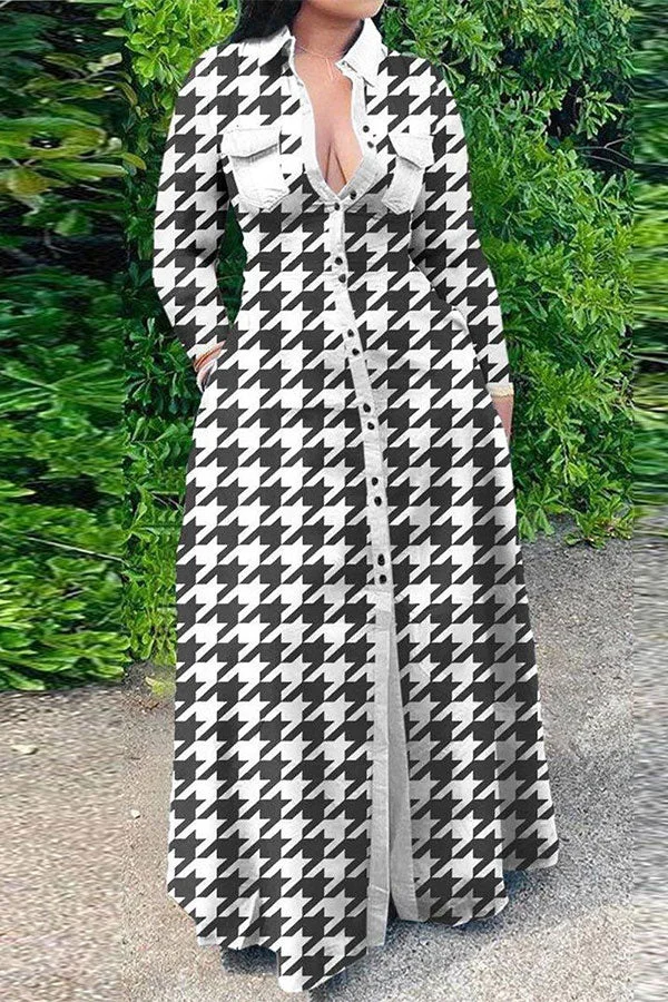 Houndstooth Classic Single Breasted Maxi Dress