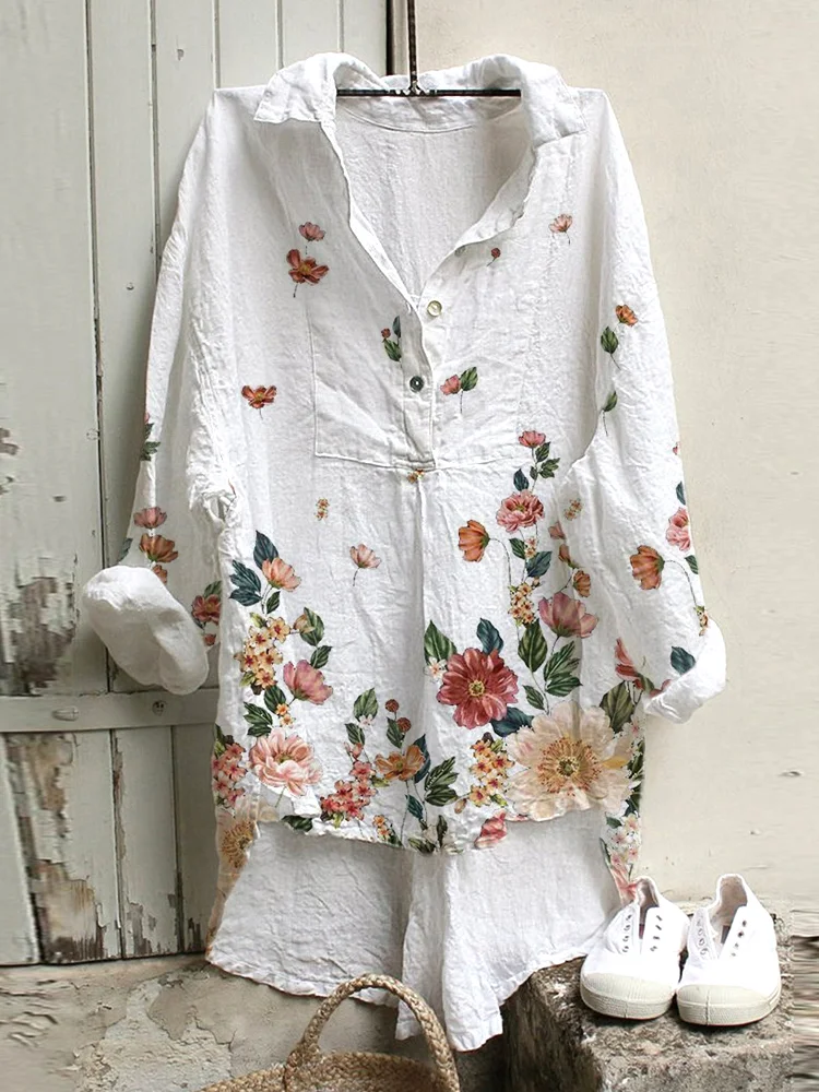 Comstylish Flowers Pattern Casual Cozy Cotton Linen Shirt