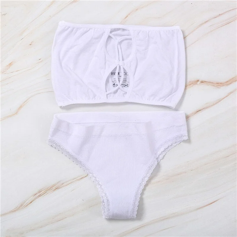 FINETOO Sexy Strapless Women's Underwear Set Seamless Woman Crop Top Suit Front Closure Tank Top + Lace Panty Push Up Lingerie