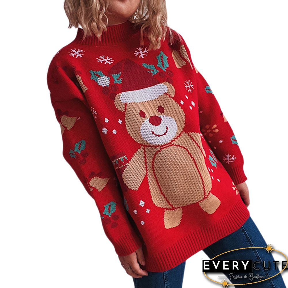 Red Christmas Bear Snowflake Pattern Pullover Sweater