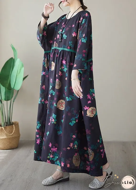 Vintage Navy Print Maxi Dresses Long Sleeve