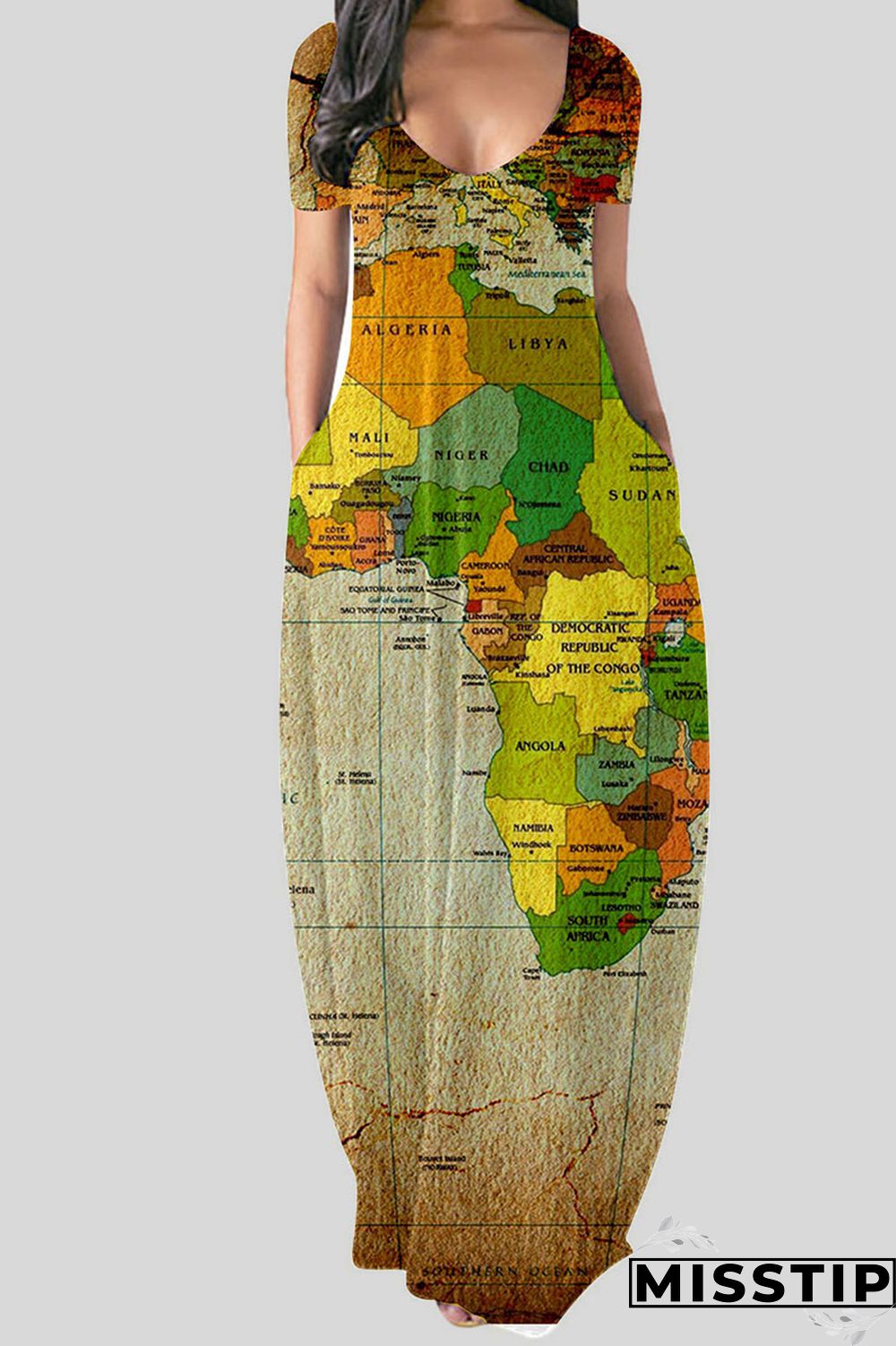 Black Casual Print Patchwork V Neck Straight Dresses