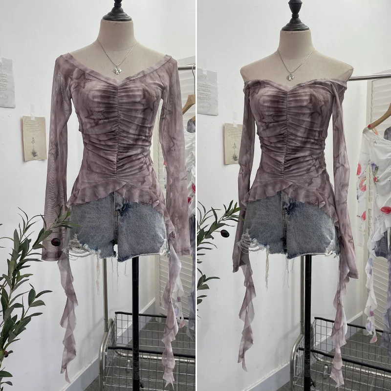 Uveng Real Shot One-字 Collared Shoulder Long-Sleeved Mesh Printing Top Irregularly Folded Lotus Leaves With Short T-Shirt 9937