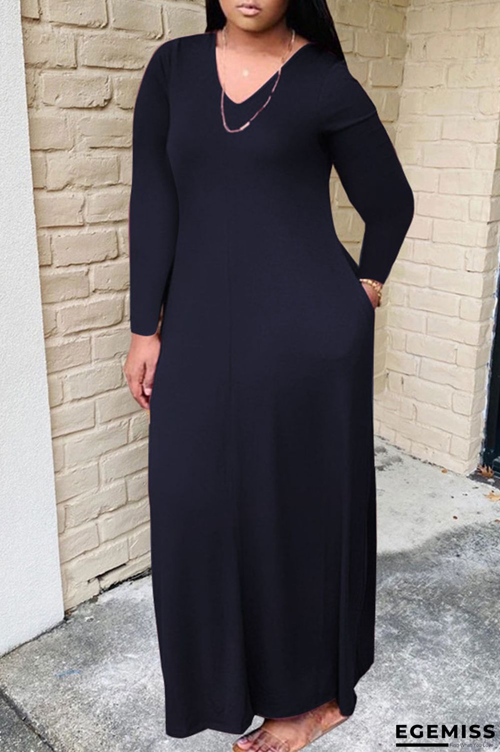 Black Casual Solid Patchwork V Neck Long Sleeve Plus Size Dresses | EGEMISS