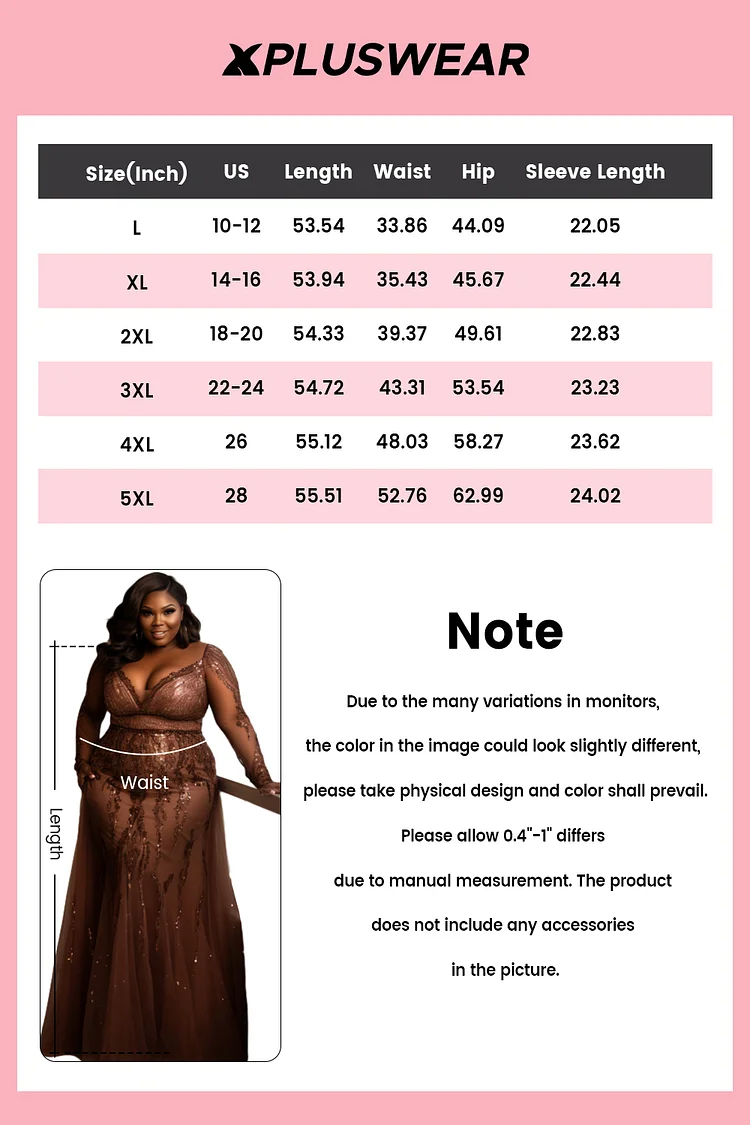 Xpluswear Design Plus Size Formal Brown V Neck Long Sleeve See Through Sequin Tulle Maxi Dresses [Pre-Order]