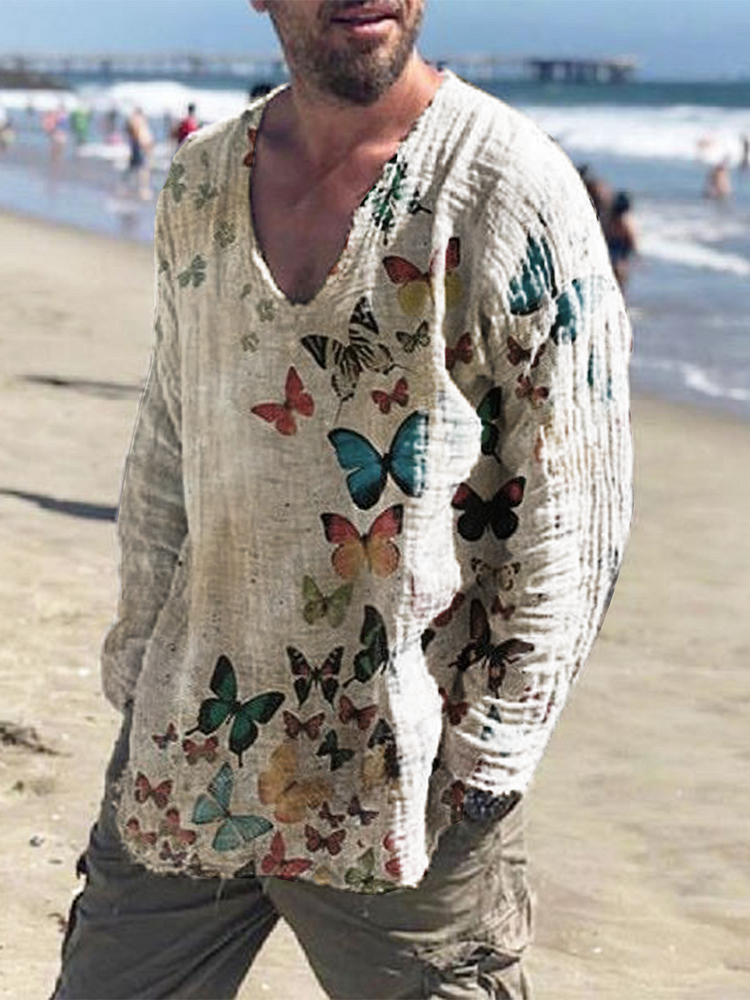 Men's Butterfly Print Loose Casual Long Sleeve Top