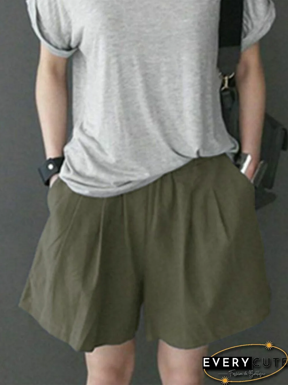 Leisure Solid Ruched Pocket Cotton Shorts