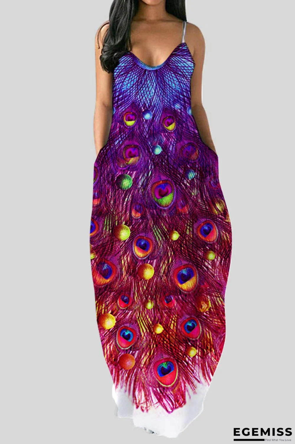 Fuchsia Sexy Print Patchwork Spaghetti Strap Sling Dress Dresses | EGEMISS