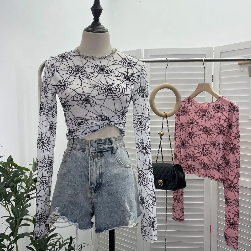 Uveng Spider-Web Yarn Velvet Perspective Bottom Shirt Dark T-Shirt T-Shirt Short Long-Sleeved T-Shirt Top 9908