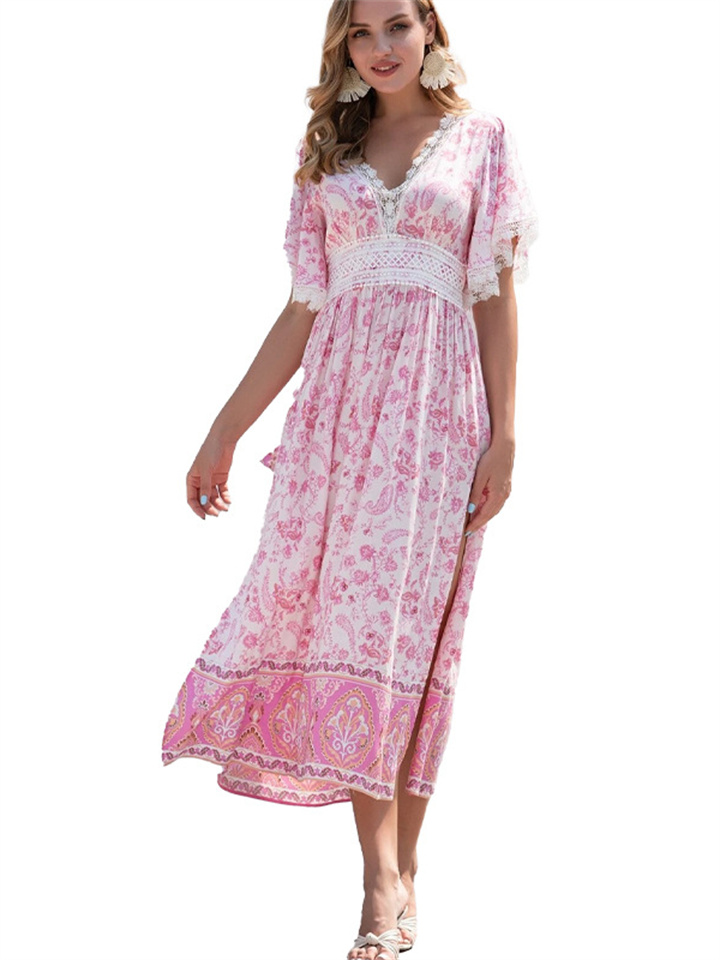 Sweet and Fresh Women's Fashion Lace Lace V-neck Short-sleeved Bohemian Floral A-line Dress Dresses Tied Vacation Beach Dresses Summer