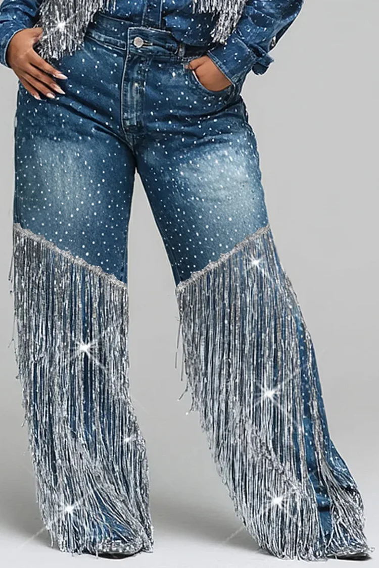 Xpluswear Design Plus Size Festival Blue Strappy Casual Pocket Denim Jeans 2024 - Xpluswear