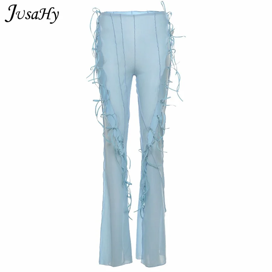 JusaHy Mesh Cyber Y2k Pure Color Flare Pants for Women Sexy Tulle See Through Hollow Out Bandage Fashion Streetwear Summer 2021