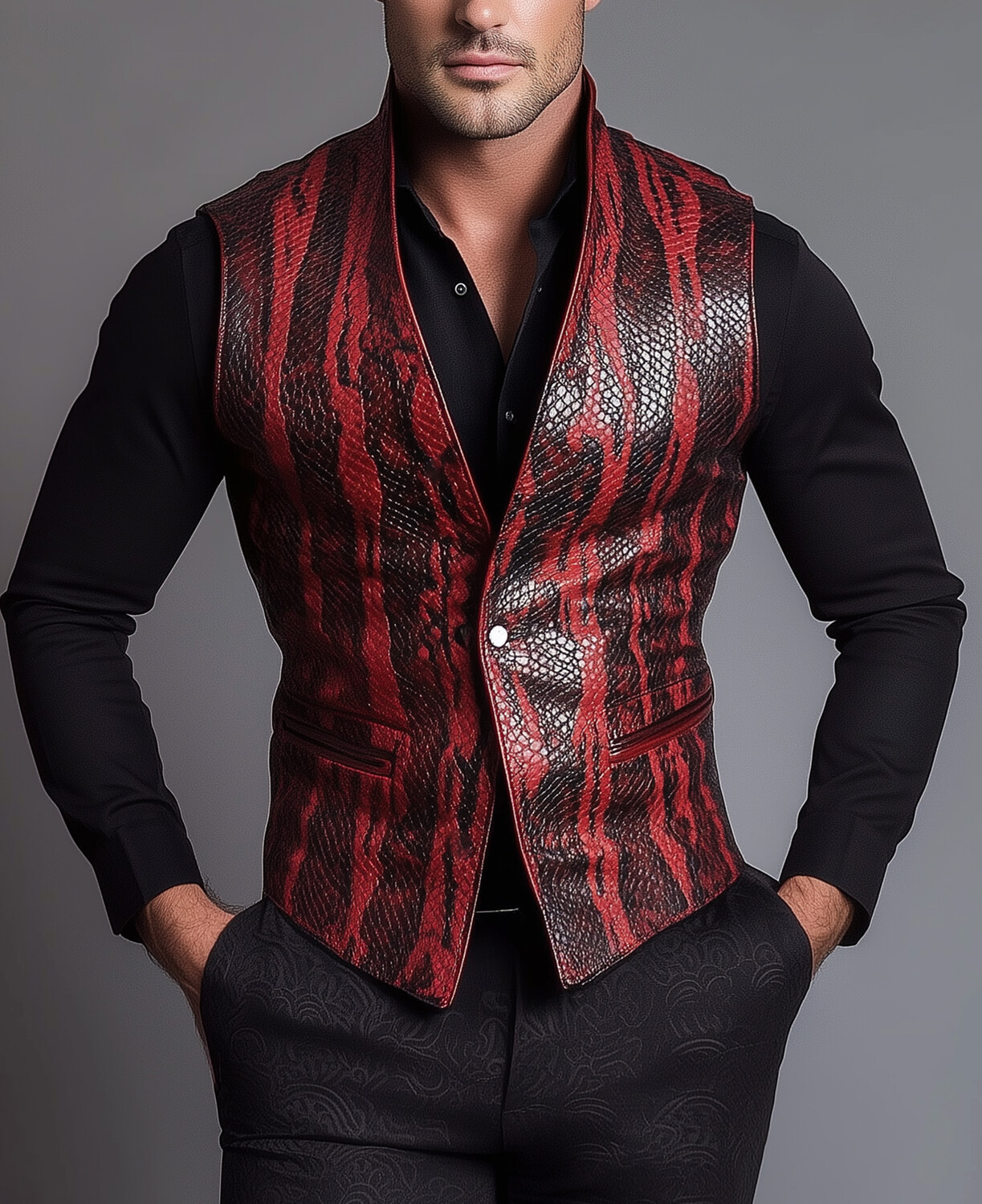 Okaywear PU Leather Snakeskin Pattern Stand Collar One Button Vest