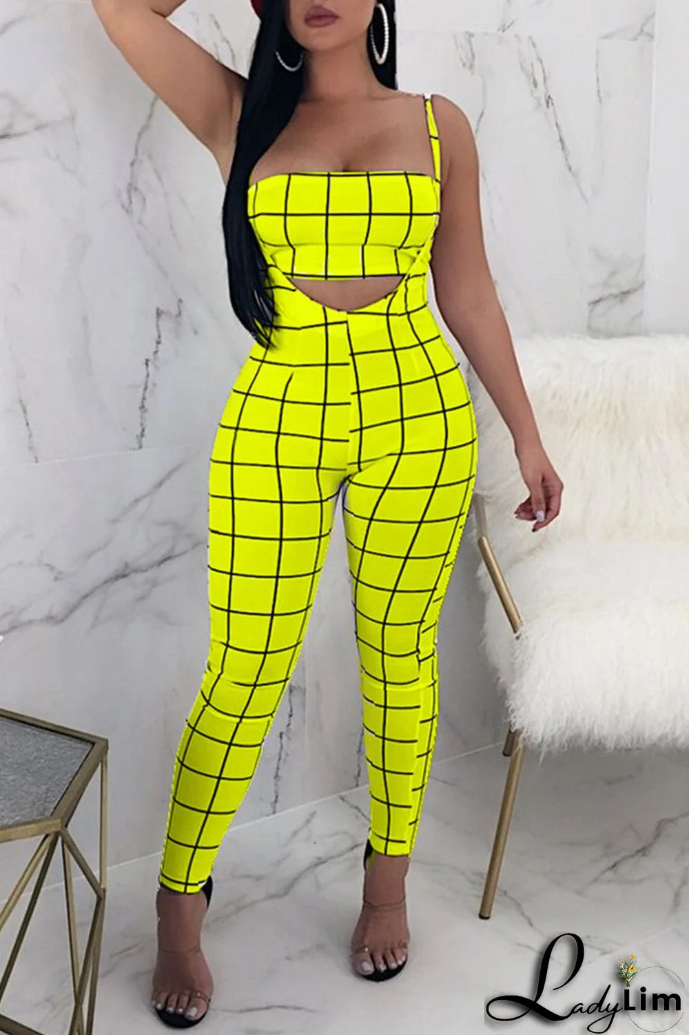 Deep Blue Sexy Plaid Print Split Joint Spaghetti Strap Sleeveless Two Pieces