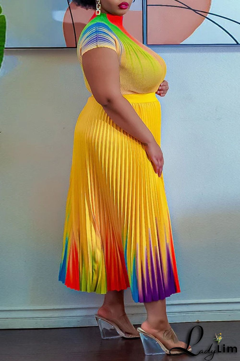 Apricot Casual Elegant Gradual Change Print Patchwork Fold O Neck Short Sleeve Two Pieces