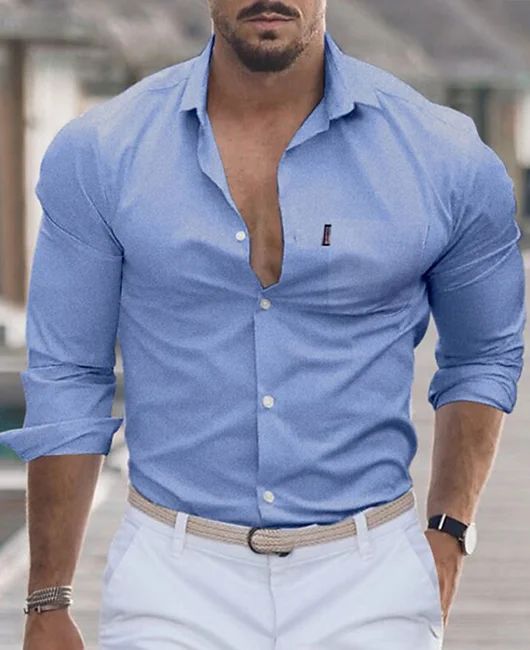 Turndown Collar Single Breasted Plain Long Sleeve Shirt 
