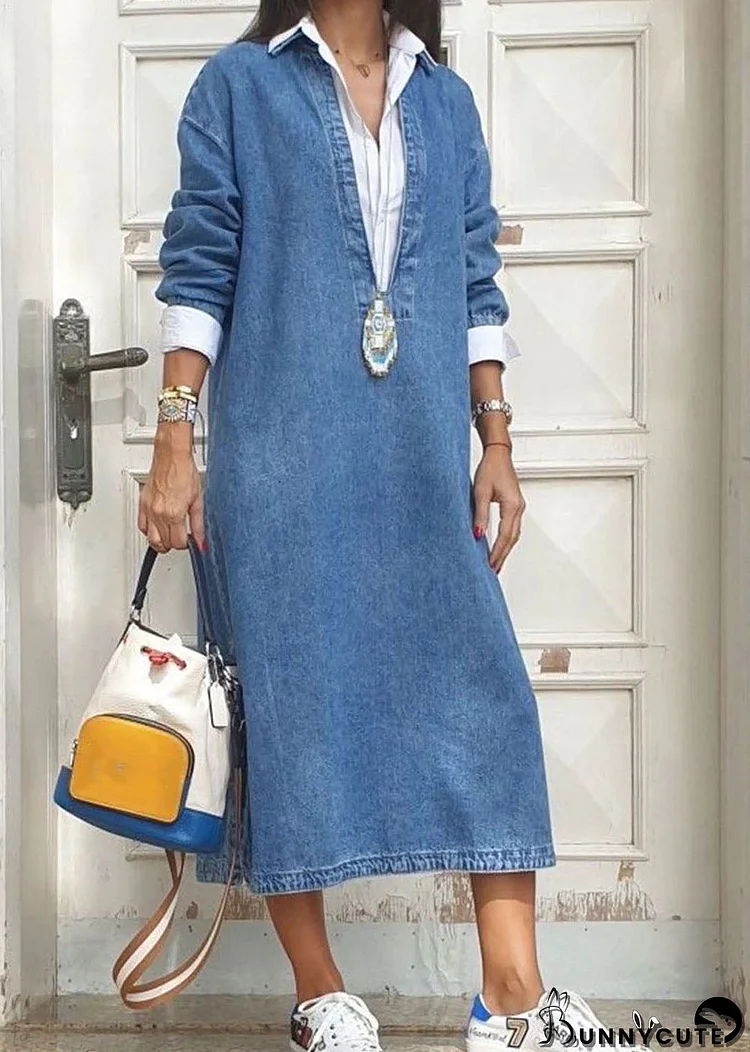 Women Blue Peter Pan Collar False Two Pieces Patchwork Denim Dresses Long Sleeve