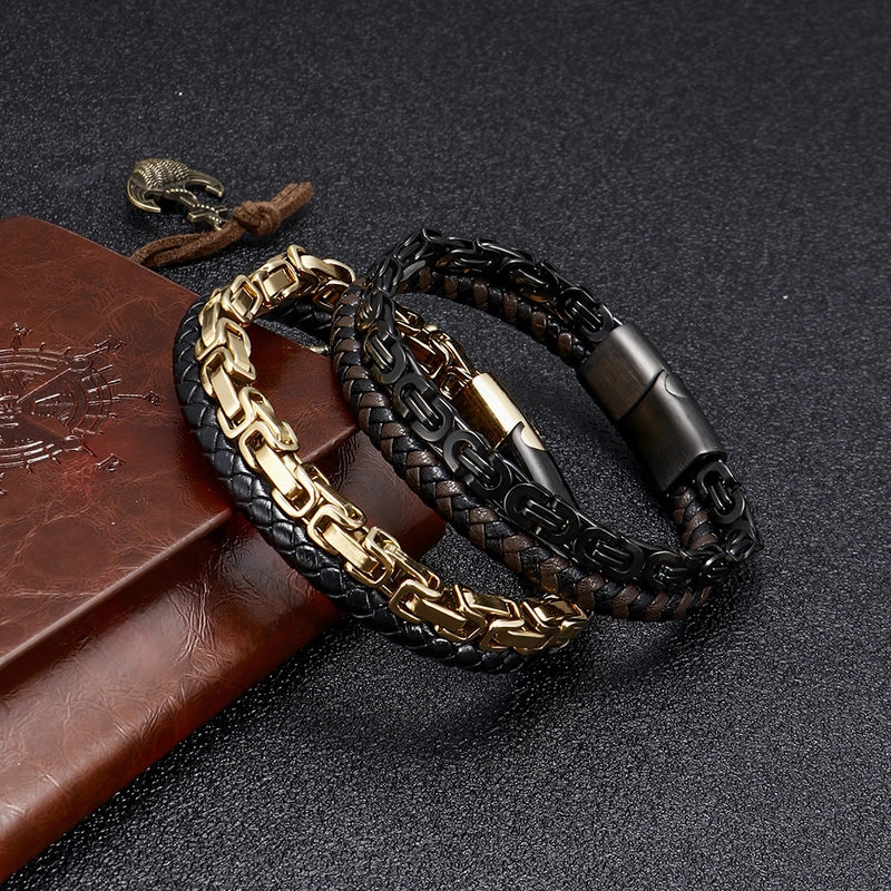 Retro Punk Color Block 304 Stainless Steel Leather Plating Men's Bracelets Men Cord & Leather Bracelets