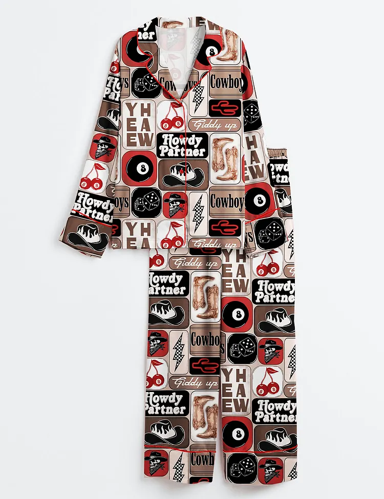 Women&rsquo;s Yee Haw Howdy Partner Giddy Up Western Cowboy Collage Print Long Sleeve Satin Pajama Set