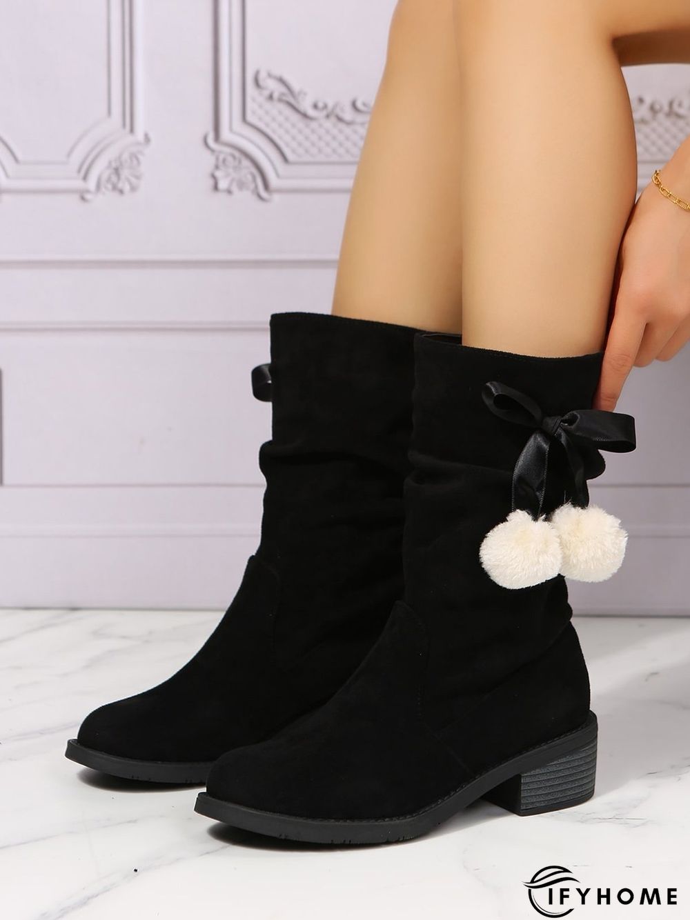 Christmas Pompom Decor Faux Suede Slouchy Boots | IFYHOME