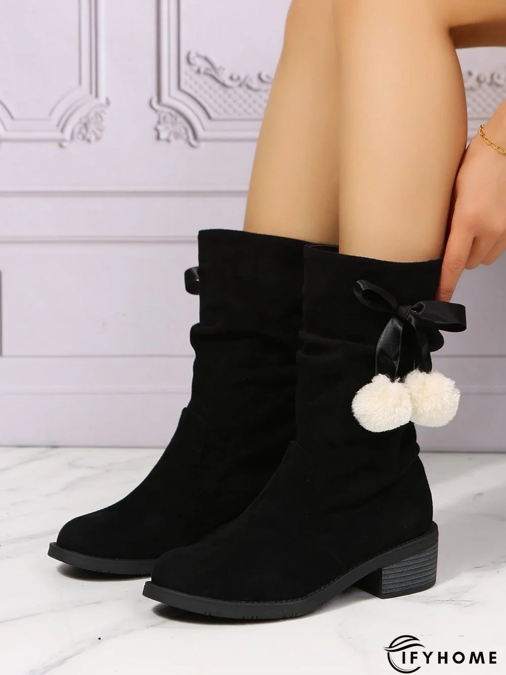 Christmas Pompom Decor Faux Suede Slouchy Boots | IFYHOME