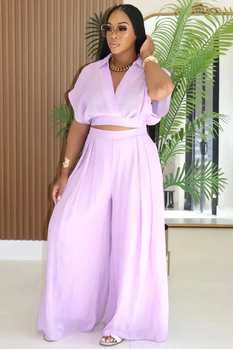 V Neck Dropped Shoulder Blouse Wide Leg Pants 2pcs Set-Pink