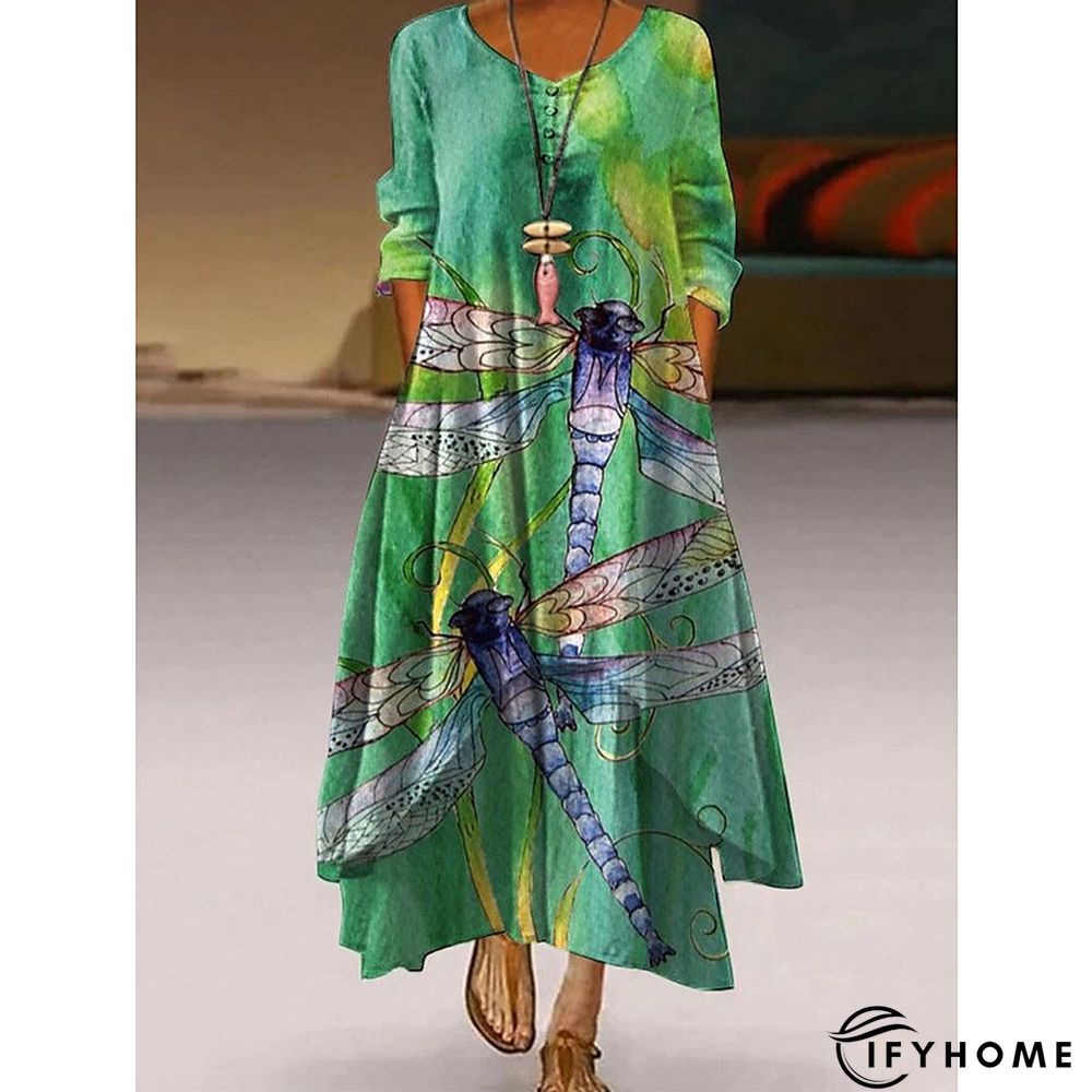 Women's Long Dress Maxi Dress Casual Dress Swing Dress Print Dress Animal Flower Casual Outdoor Daily Weekend Pocket Print Long Sleeve V Neck Dress Loose Fit Light Green Pink Purple Fall Spring S M L | IFYHOME