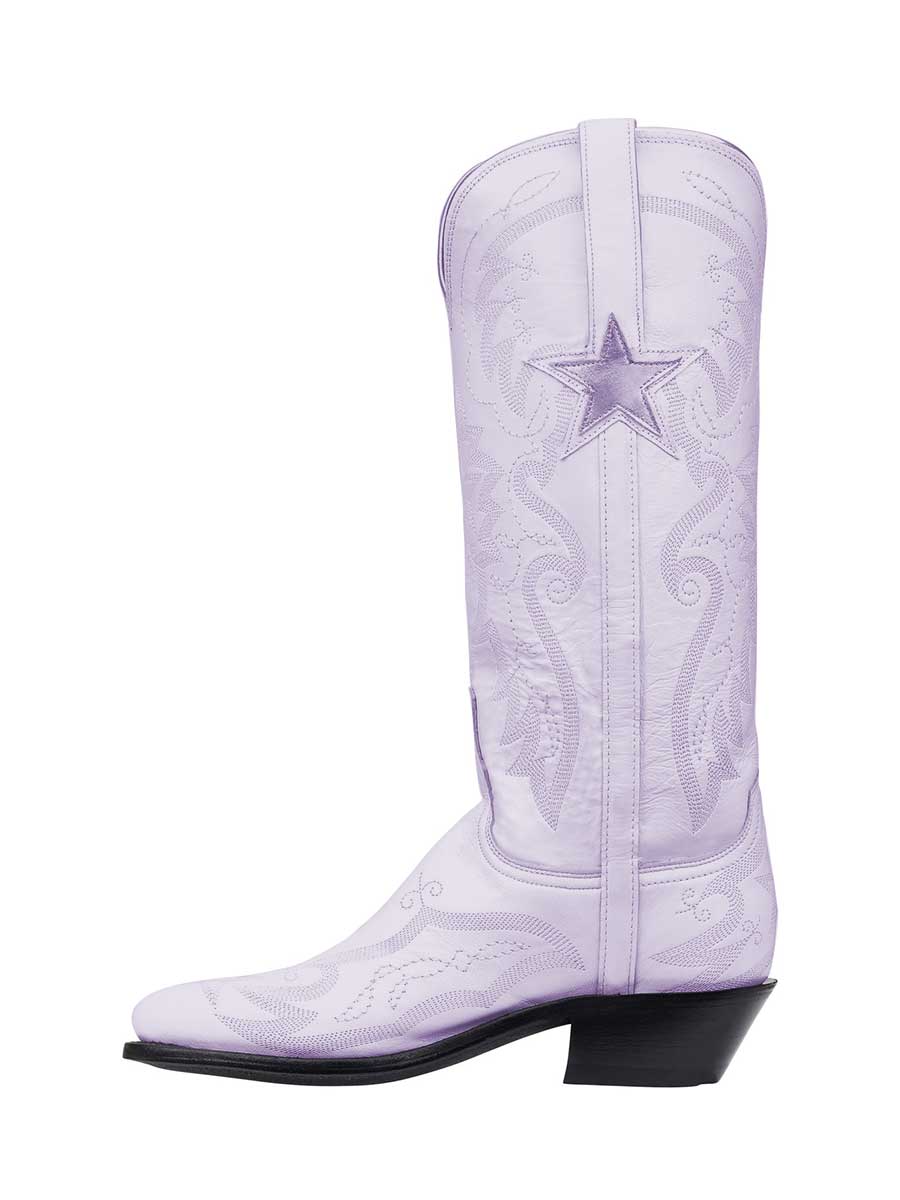 Lavender Pointed Toe Embroidered Star Decor Wide Calf Cowgirl Boots
