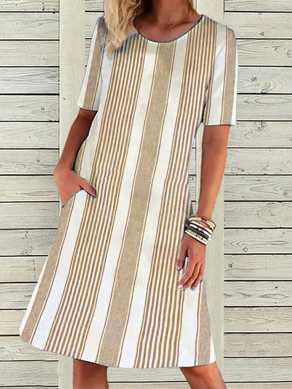 Women's Short Sleeve Scoop Neck Stripe Printed Pocket Dress