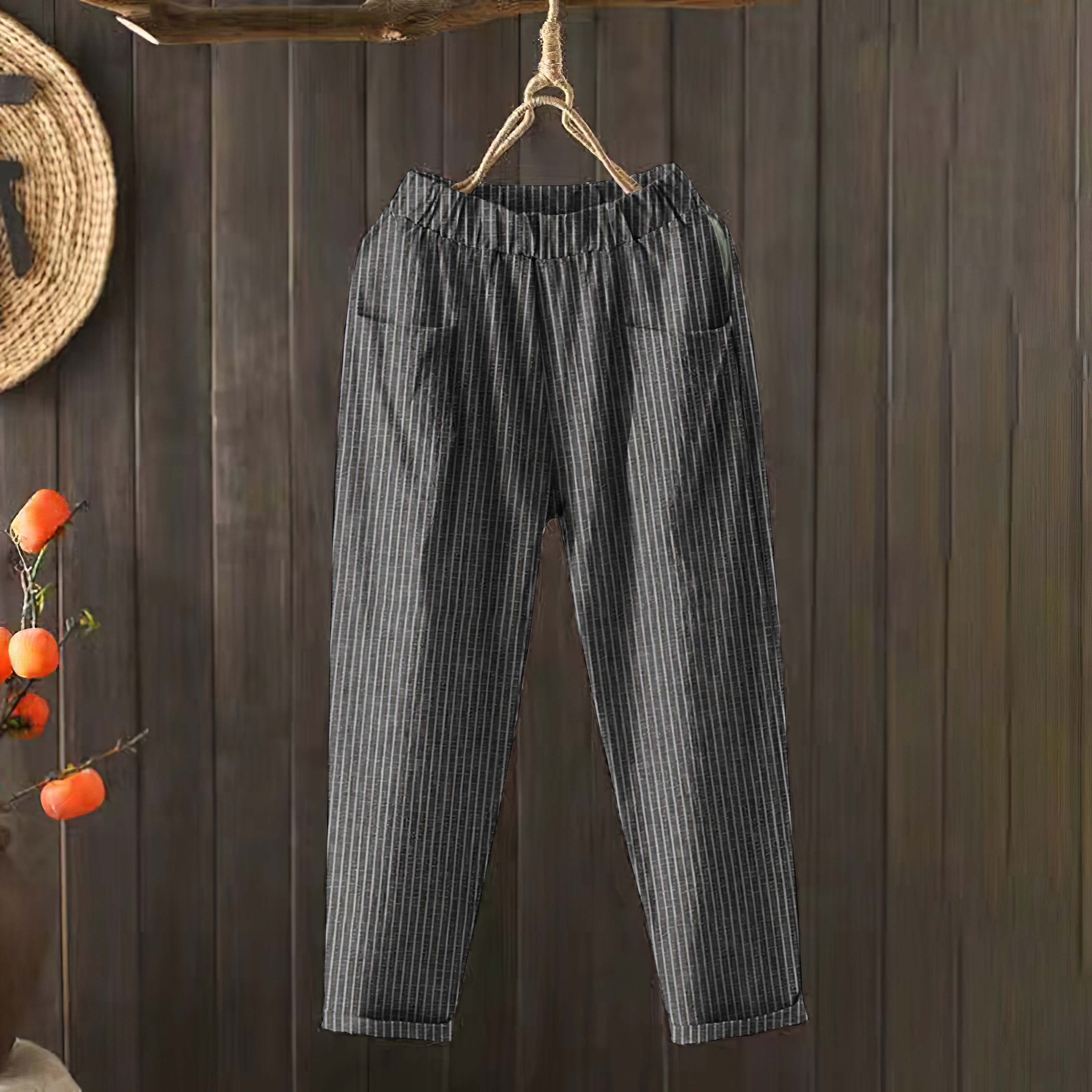 Comstylish Women‘s Stripes Pocket Elastic Waist Linen Blend Comfy Pants
