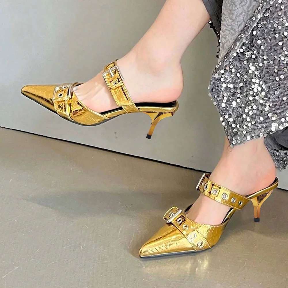 Gold Closed Pointed Toe Studded Mules With Kitten Heels Nicepairs