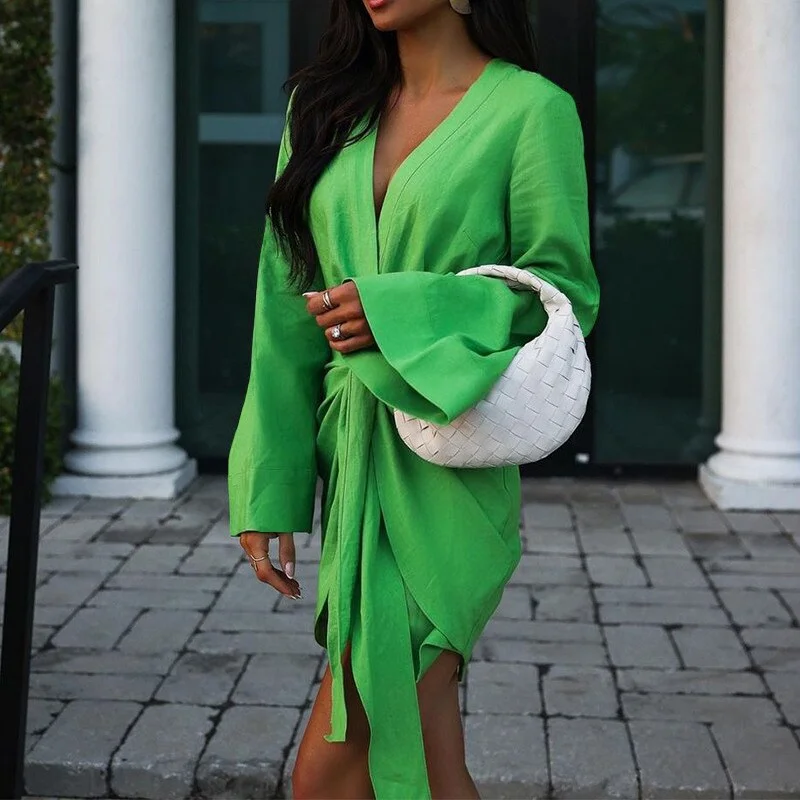 Elegant Women Solid Hollow Party Dresses Retro Ladies V Neck Long Sleeve Mini Dress 2023 New Spring Draped Lace-up Office Dress
